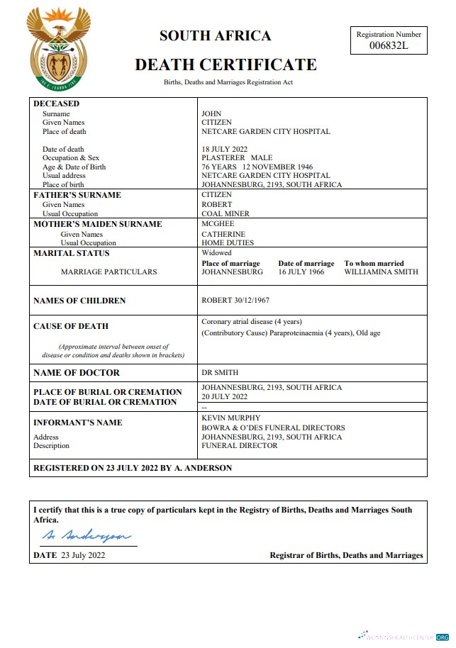 Download South Africa death certificate Word and PDF template Photoshop template